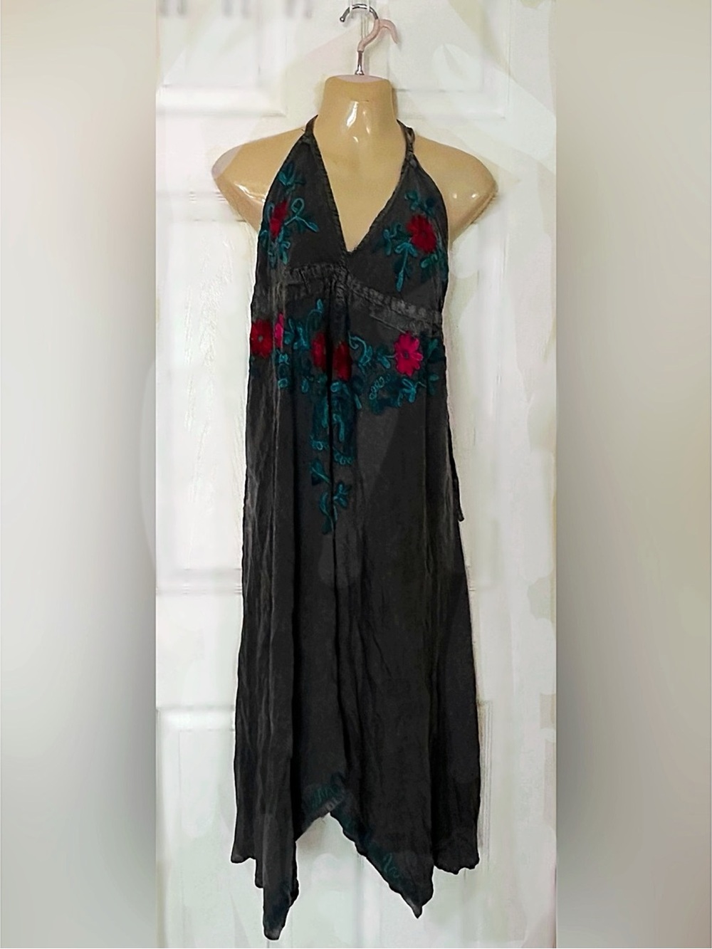 Backless Black Embroidered Maxi Dress with Teal & Magenta Floral Accents